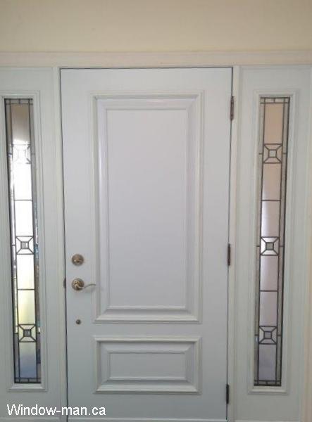 Modern front door ideas. Entry steel insulated. Two Executive panels. Brown. Two sidelights. Waterdown stained glass design. 2 panels. This is inside view of pic 2001